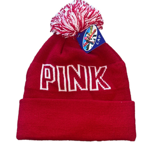 Red PINK Beanie with Pom Pom